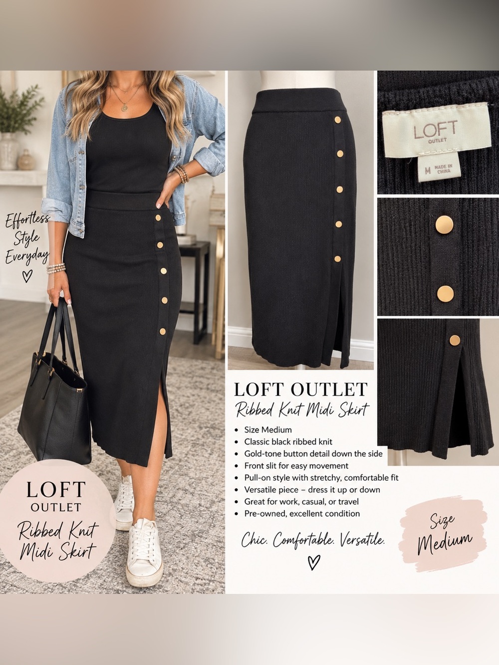 LOFT Outlet Black Ribbed Knit Midi Skirt Gold Buttons Size M